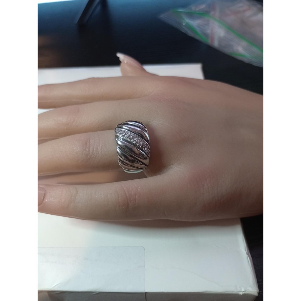 Silver Tone Wide Dome Ring Clear Rhinestone Swirl Ribbed Statement Size 6.25